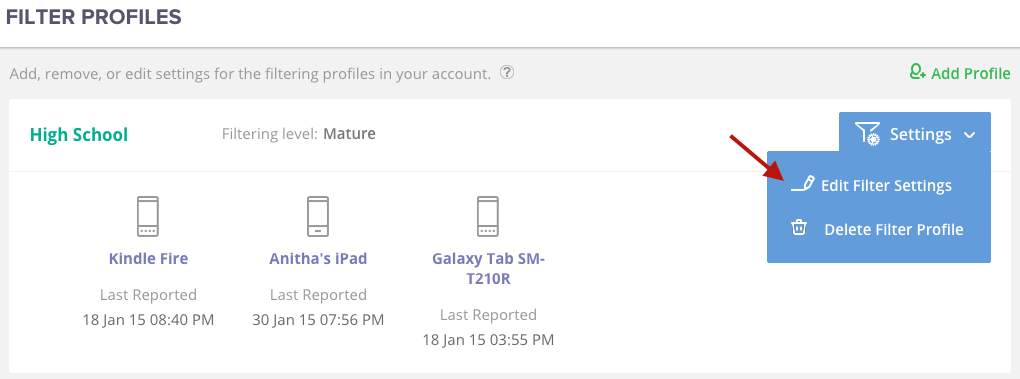Edit filtering settings button