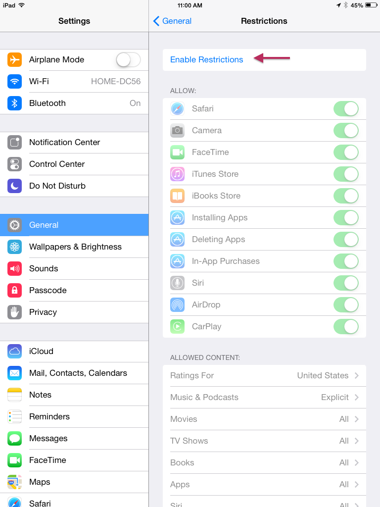 Select  General > Restrictions